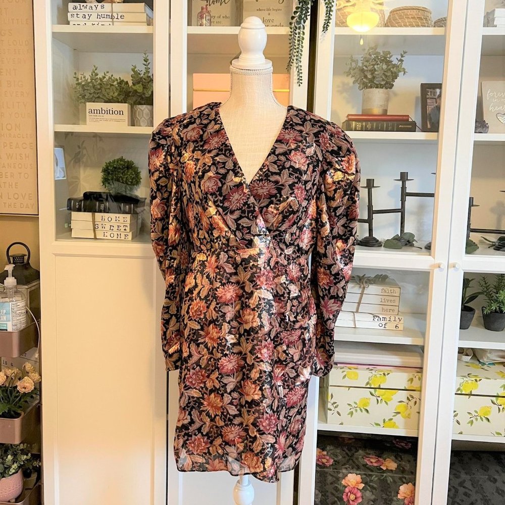 Express Floral Puff Shoulder Sheath Wrap Dress